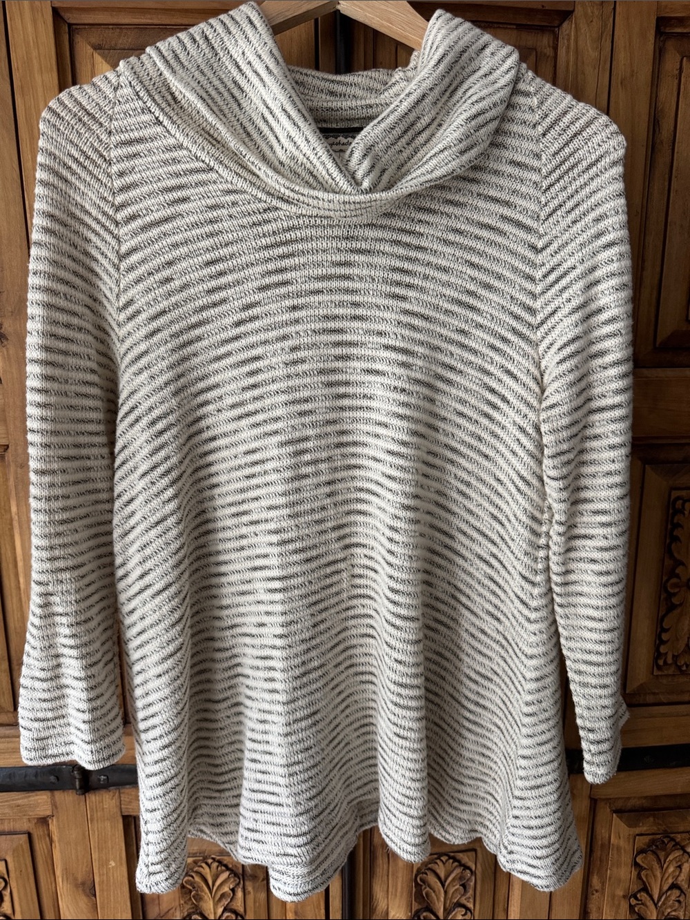 Eyeshadow Cream and Gray Striped Cowl Neck Sweater